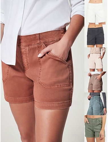  Mulheres chinês Calção Shorts de verão Férias Roupa de rua Básico Curto Cintura Média Tecido Patchwork Bolsos Conforto Respirável Micro-Elástica Diário Ao ar livre Streetwear Laranja Avermelhado