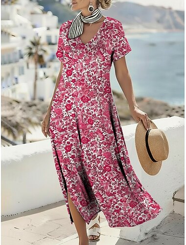  Per donna Abito maxi Abito Boho Vestito Casual Abito a trapezio Abito Stampato Vintage All'aperto Vacanza Weekend Vestibilità regolare Floreale Grafico Manica Corta Scollo a V Blu Viola Fucsia