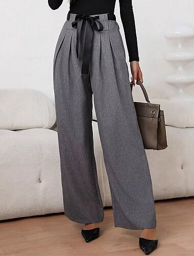  Dames Broek Pakken Elegant Vintage Modieus Volledige lengte Hoge taille Effen Kleur Effen Trekkoord Zak Recht been Comfort Warm Zacht Micro-elastisch Streetwear Kantoor Werk Grijs Zwart Zomer Lente