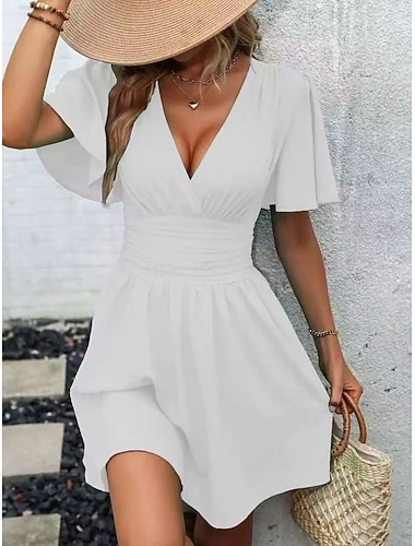  Damen Minikleid Weißes Kleid A Linie Kleid Elegant Mode Modern Outdoor Urlaub Ausgehen Normale Passform Einfach Kurzarm V Ausschnitt Blau Schwarz Weiß Burgunderrot Sommer Frühling