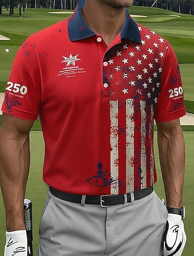  4. Juli 2026 250. Herren Amerikanische US-Flagge Golf Sport-Poloshirts Kurzarm Polo-Shirts Hemden mit Kragen Lässig Athleisure Knöpfe Frühling & Sommer Blau Rote