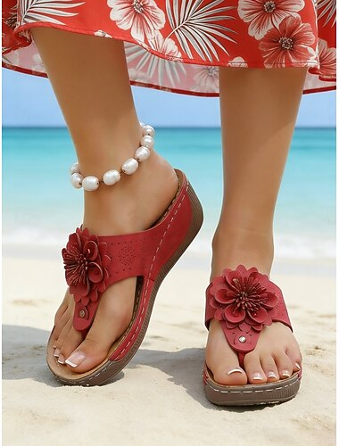  Sandales compensées fleuries pour femmes, avec semelle intérieure rembourrée, idéales pour l'été, la marche, les vacances, la plage et les voyages. &vêtements de tous les jours