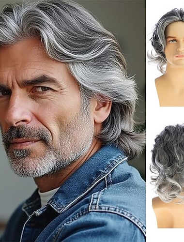  Kort, bølget grå parykk for menn Syntetisk lagdelt Cosplay Kostyme Festparykker