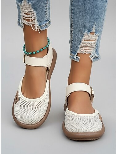  Sandali Mary Jane da donna beige in rete – sandali traspiranti e leggeri con cinturino regolabile, scarpe estive casual per viaggi, giardino e uso quotidiano