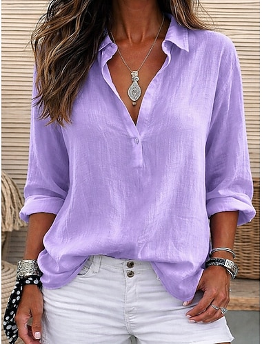  Dame Bluse Skjorte i imitert lin Knapper Helfarge Stilfull Fritid 3/4 ermer V-hals Vanlige topper Daglig Hvit Lysegrønn Rosa Lilla Sommer Vår Høst