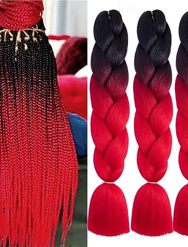  fläthår ombre svart till rött fläthårsförlängningar varmvattenfixering högtemperatur syntetfiber 24 tum (1-3-pack) 24 tum (3-pack)