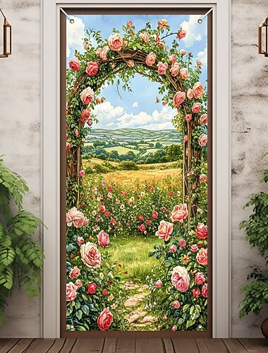  romantická růžová zahrada oblouk venkov krajina růžové růže květinový zelený kopce louka dveře banner kryt pro přední dveře domov vchod zahradní dekorace závěs na zeď