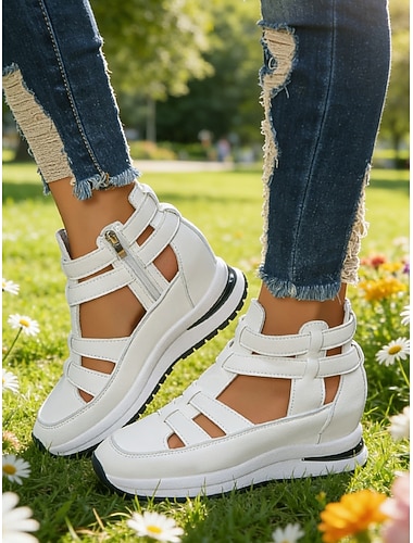  naisten valkoiset leikatut kiilat, piilotettu korko, vapaa-ajan kävelykengät vetoketjulla ulkoiluun, matkustamiseen &jokapäiväinen käyttö