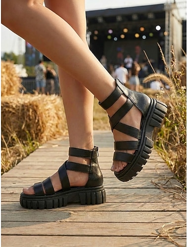  Sandali da donna neri con plateau e suola spessa, sandali con cinturini larghi e cerniera posteriore, perfetti per festival musicali e rave estivi. &abbigliamento da resort di tendenza