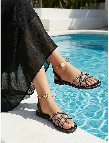  Elegante schwarze Riemchensandalen für Damen – bequeme flache Sommersandalen mit funkelnden Strasssteinen &Knöchelriemen für luxuriöse Hotelaufenthalte, Poolpartys &Resorturlaub