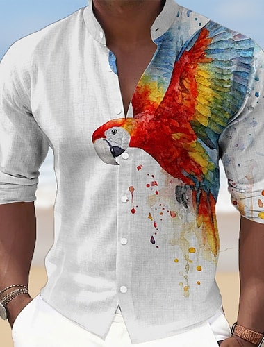  Herre Dyr Fugl Papegøye Skjorte Hawaiiskjorter Skjorte med stativ krage Langermet Hawaiisk Avslappet Strandferie Vår Høst Kinesisk Krave Båndkrage 3D-utskrift Skjorter med knapper Blå Hvit Grønn