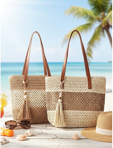  Sac cabas en paille tressée pour femme, grande capacité avec pompon, disponible en plusieurs couleurs, sac de plage et de voyage élégant et décontracté pour les loisirs au quotidien