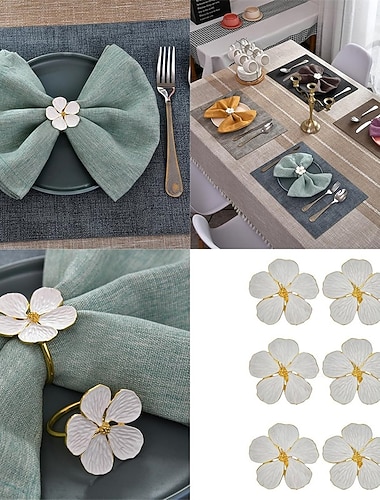  Sett med 6 serviettringer med blomstermotiv, hvite serviettringholdere med blomstermotiv og gullbunn, elegante serviettspenner i metall til borddekking og middag i bryllupsfesten, tilbehør til