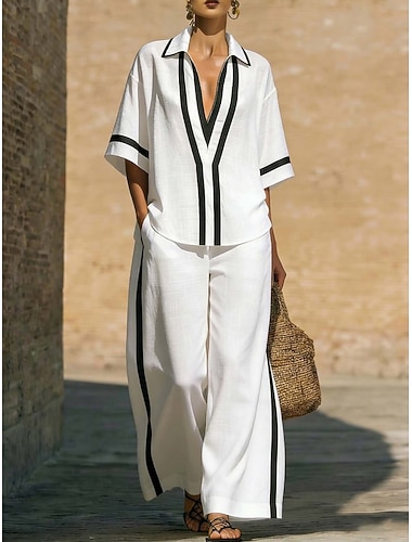  Naisten Housusarjat Keinopuuvillainen pellava Lyhythihainen V kaula-aukko Yhtenäinen väri Muoti Katutyyli Kausaliteetti Päivittäin ulko- Sininen Musta Valkoinen Kevät kesä Loose Fit