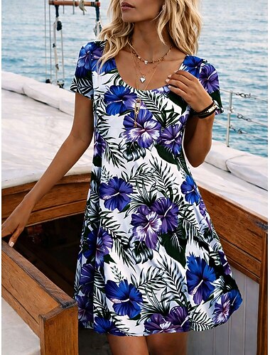  Mulheres Minivestido Vestidos Para o Verão Vestido T shirt Vestido A Line Vestido de verão Férias Casual Diário Praia Feriado Normal Floral Gráfico Manga Curta Gola Redonda Azul Amarelo Rosa Vermelho