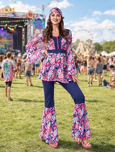  Set Rétro Vintage Années 1970 Blouse / Chemise Pantalon Manches longues Fleuri Psychédélique Déguisement Femmes Halloween Carnaval Festival de Musique Soirée à thème rétro Adulte Blouses Pantalon Ét