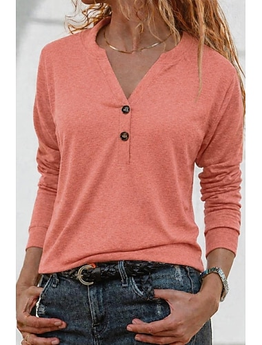  Femmes T-shirt Boutons Devant Uni ancien Élégant Occasionnel manche longue Col en V Hauts Réguliers Quotidien Sortir Bleu Noir Blanche Prune Orange Printemps