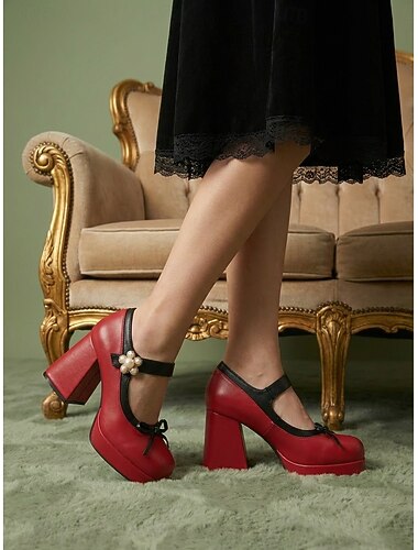  γυναικείες ρετρό γόβες Mary Jane της δεκαετίας του 1950 - δίχρωμες μαύρες &λευκές πλατφόρμες με φλοράλ πέρλες και αγκράφα &λεπτομέρεια φιόγκου για vintage πάρτι &ρετρό εκδηλώσεις