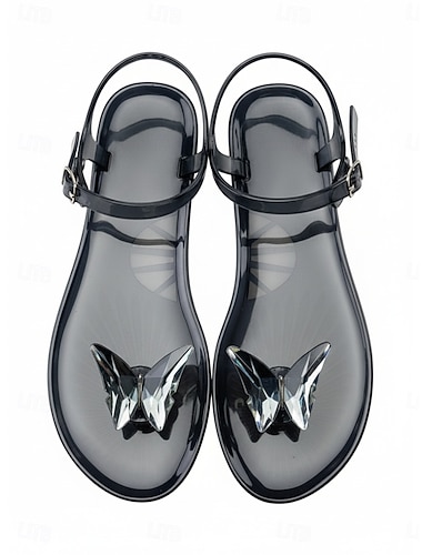  Chique zwarte teenslippers van jelly-materiaal voor dames - waterdichte flipflops met een elegante vlinderstrik, perfect voor strandvakanties en ontspanning aan het zwembad. &zomerkleding voor in het
