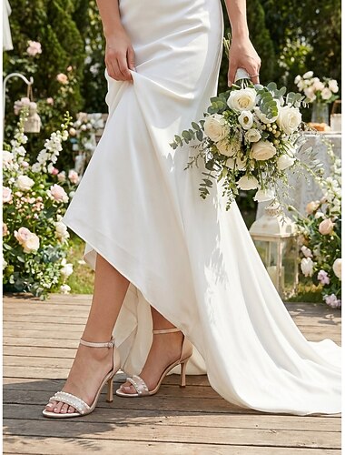  Women's Silver High Heel Sandals - Elegant Bridal Shoes with Pearl Strap for Garden Weddings