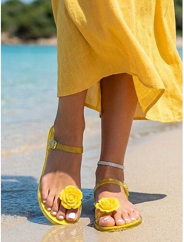  صنادل جيلي صفراء نسائية - صنادل شاطئ رومانسية مقاومة للماء مزينة بزخارف ورود ثلاثية الأبعاد &حزام كاحل قابل للتعديل مناسب للعطلات الصيفية والرحلات إلى الجزر الاستوائية &ملابس حمام السباحة
