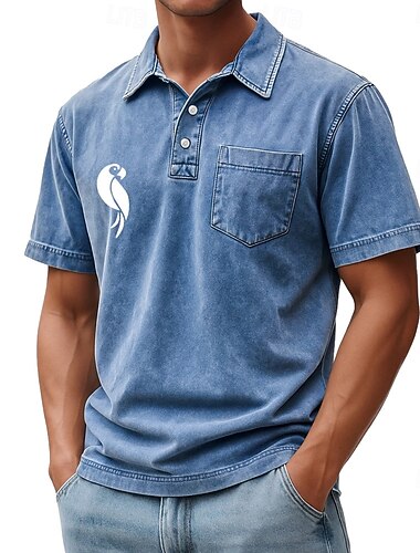  Voor heren Patroon met dieren Acid Wash-shirt 100% Katoen Korte mouw Poloshirt Revers Casual Sportkleding Zak 3D-afdrukken Knop Lente zomer blauw Bruin Groen