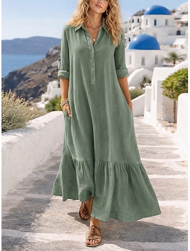  Damen Maxikleid Kunstbaumwollleinen Hemdblusenkleid Kaftan Kleid Freizeitkleid Basic Lässig Täglich Urlaub Normale Passform Einfach Langarm V Ausschnitt Rosa Grün Khaki Dunkelblau Sommer Frühling