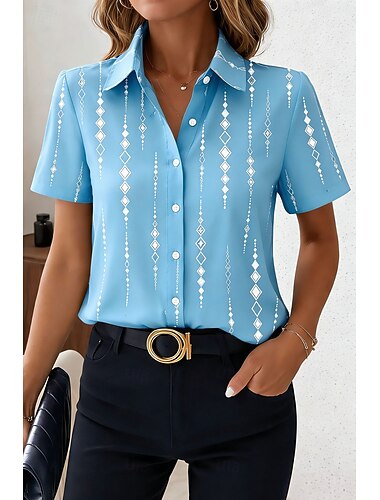  Koszula damska krótki rękaw graficzna geometryczna vintage tropikalna stylowa bezrękawnik kołnierzyk zwykła góra codzienna niebieska różowa fioletowa szara lato wiosna