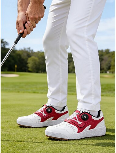  Miesten golfkengät, valkoista keinonahkaa punaisella yksityiskohdalla, säädettävä boa-kiinnitys, mukavat ja kestävät, ihanteelliset golfkentille, ulkoiluun ja vapaa-ajan aktiviteetteihin