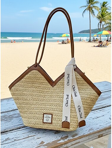  Vevd toteveske for kvinner, flerfarget, stor kapasitet, bohemsk stil, klar for strand og feriested, stilig og funksjonell for uformell hverdagsbruk