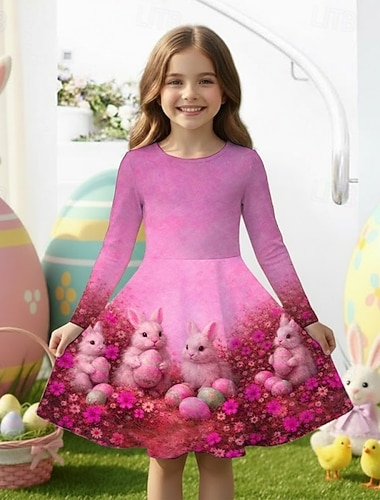  Ostern Mädchen' 3D Grafik Kaninchen Kleid Langarm 3D-Druck Frühling Herbst Täglich Urlaub Party Lässig Prinzessin Schön Kinder 4-12 Jahre Freizeitkleid A Linie Kleid Knielang Normale Passform