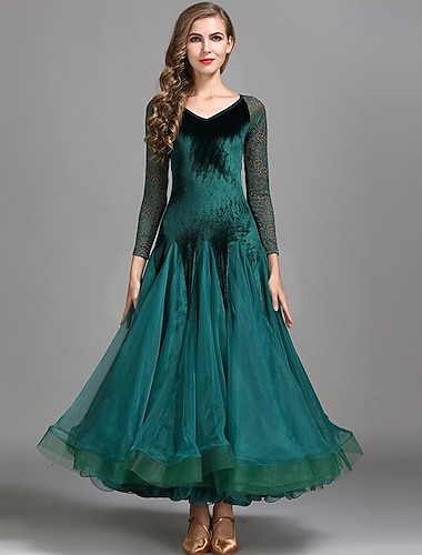  Ballroom-dans Kjole Plissert Tyll Dame Fest Trening Ytelse Langermet Høy Tyll Fløyel