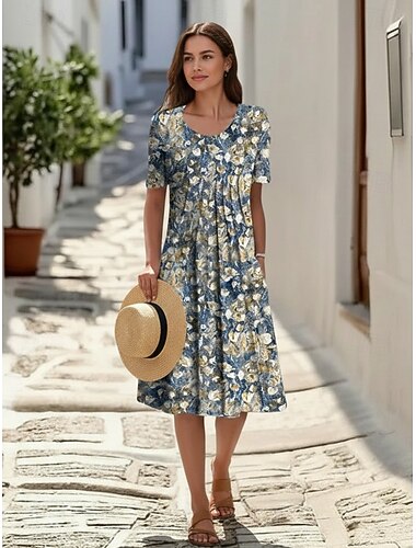  בגדי ריקוד נשים שמלת מידי פשתן כותנה דמוי עור שמלת שיפט שמלת קז'ואל שמלת קיץ אופנתי מודרני יומי חוף סוף שבוע רגיל פרחוני שרוולים קצרים צווארון עגול קצר פול לבן אודם כחול נייבי קיץ