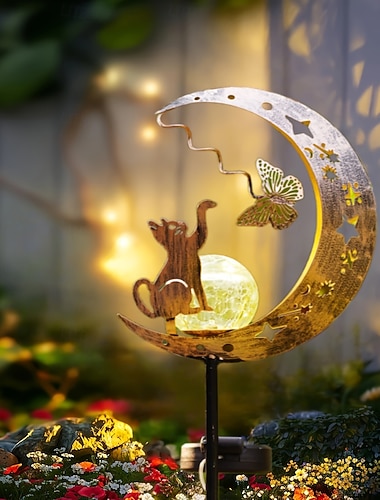  Outdoor-Solar-wasserdichte Katze &Leuchtende, kugelförmige Metall-Erdspießleuchte in Schmetterlingsform, dekorative LED-Gartenleuchte für Hof, Wege, Rasenflächen, Terrassen, Villen und Bauernhöfe –