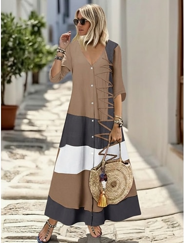  Damen Maxikleid Boho-Kleid Freizeitkleid Druckkleid Elegant Mode Modern Outdoor Urlaub Ausgehen Lässiger Schnitt Geometrisch Kurzarm V Ausschnitt Weiß Rote Khaki Sommer Frühling