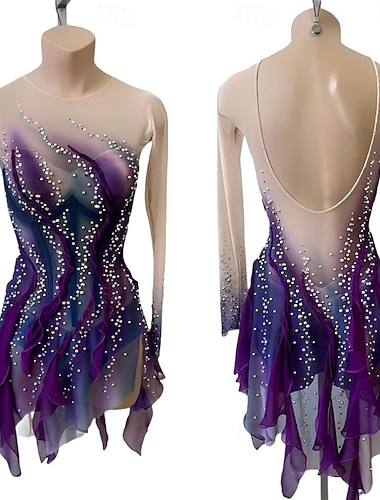  Kunstschaatsjurk Dames Voor meisjes Schaatsen Jurken Paars Lapwerk Open achterkant Netstof Hoge Elasticiteit Opleiding Wedstrijd Kunstschaatskleding Klassiek Kristal / Bergkristal Lange mouw