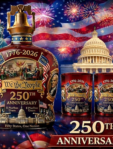  Láhev whisky k 250. výročí USA &Sada sklenic My, lid, vlastenecký dárek ke Dni nezávislosti, vlastenecká karafa 1776-2026 se 2 sklenicemi na whisky, design s americkou vlajkou a Zvonem svobody,