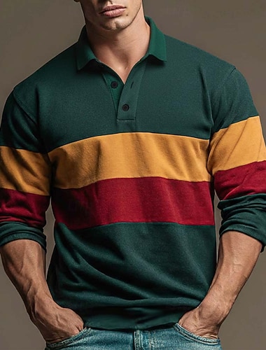  Per uomo Blocco di colori A righe Polo da rugby Manica Lunga Magliette polo Camicie con Colletto Casual All'aperto Athleisure Stampa 3D Primavera Autunno Marrone scuro Viola Verde