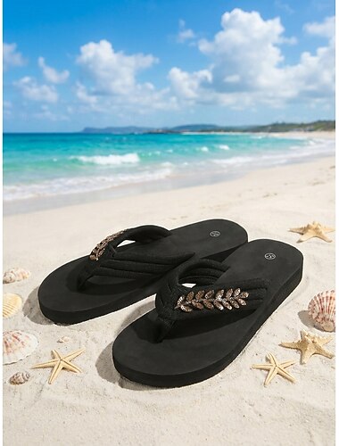  infradito da spiaggia nere da donna - comodi sandali infradito con dettagli in paillettes color foglia d'oro per le vacanze estive, fughe in spiaggia tropicale &relax a bordo piscina
