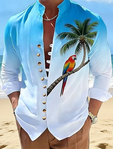  Homme Cocotier Perroquet Dégradé de Couleur Chemises hawaïennes Chemise Aloha Chemise à col montant manche longue Hawaïen Vacances à la Plage Été Printemps Col mandarin Band Collar Impression 3D