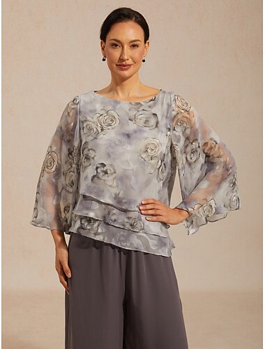 Dames Chiffon-topjes Veters Bloemig Elegant 3/4 mouw Bel Strakke ronde hals Dagelijks Bruiloft gast Lichtgrijs Zomer Lente Herfst