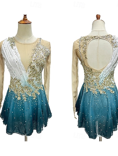 Kjole til kunstløp Dame Skøyteløp Kjoler Grønn Lapper Åben Ryg Elastisk Trening Konkurranse Skøyteklær Klassisk Krystall / Rhinstein Langermet Skøyting Kunstløp
