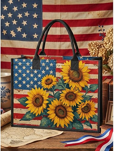  Große Polyester-Tragetasche für Damen mit Reißverschlusstasche, patriotischem Sonnenblumen- und US-Flaggen-Design, perfekt für den 250. Jahrestag, den Unabhängigkeitstag und den täglichen Gebrauch.