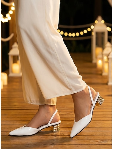  Witte pumps met lage hak en metalen blokhak voor dames, elegante schoenen voor de moeder van de bruid bij een stadsbruiloft, spitse pumps voor een avondje uit &formele evenementen