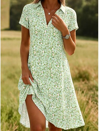  Damen Minikleid A Linie Kleid Urlaub Lässig Boho Täglich Strand Normale Passform Blumen Grafik Kurzarm V Ausschnitt Revers Blau Hellgrün Rosa Violett Sommer Frühling