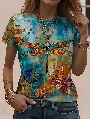  Dames T-shirt Afdrukken Grafisch dier Vintage Stijlvol Klassiek Korte mouw Strakke ronde hals Ronde hals Normale tops Dagelijks Weekend Groen En Blauw Wit Stoffig blauw Zomer Lente