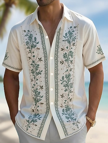  Herre Blomstermønster Tropiske planter Blomster Guayabera skjorte Hawaii skjorte Aloha skjorte Kortermet Hawaiisk Feriereise Strand Klær Sommer Vår Aftæpning 3D-utskrift Skjorter med knapper Blå Hvit