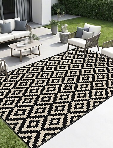  Wasserdichter Outdoor-Teppich 152 x 244 cm, wendbarer Kunststoffteppich, moderner Teppich, große Fußmatte für den Außenbereich, Wohnmobil, Terrasse, Garten, Balkon, Picknick, Strand, Camping, schwarz