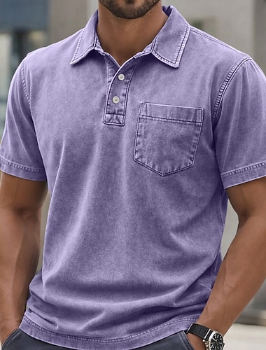  Herren Hemd aus 100 % Baumwolle in Säurewaschung Golfshirt Lässig Ferien Revers Gerippter Polokragen Kurzarm Mode Basic Einfach Jahrgang Betrübt Sommer Frühling Ganzjahres Normale Passform Schwarz