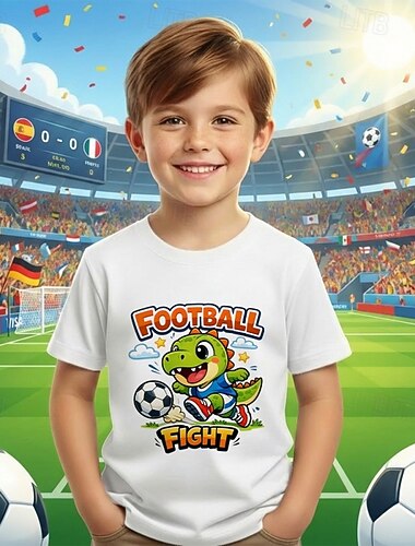  100% Cotone Bambini Ragazzi Nero Bianco Grafico Dinosauro Calcio Magliette da calcio Maglietta Blusa Girocollo Manica Corta All'aperto Abbigliamento Quotidiano Moda Streetwear Designer Stampa Estate
